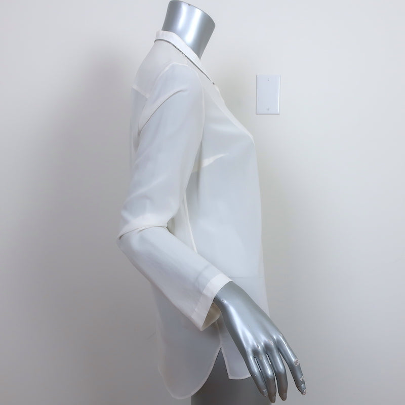 Brunello Cucinelli Monili-Trim Button Down Blouse Cream Stretch Silk Size Large
