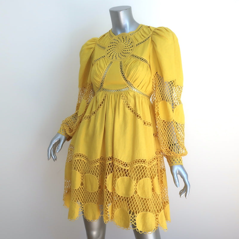 Ulla Johnson Titania Embroidered Long Sleeve Mini Dress Yellow Linen Size 0