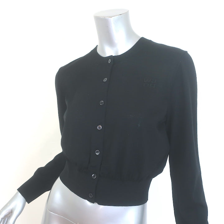 T by Alexander Wang Logo-Embroidered Cropped Cardigan Black Wool Size Large NEW
