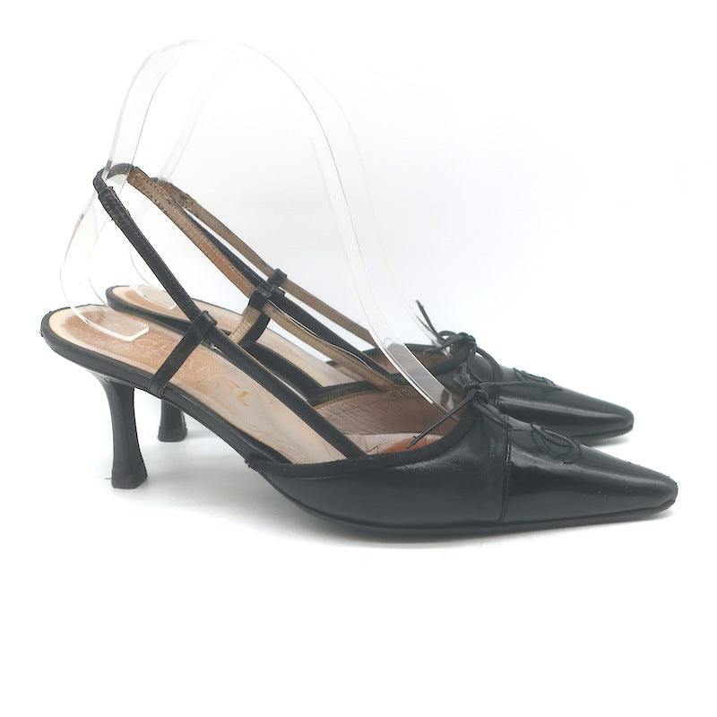 Vintage Chanel 03A CC Cap Toe Bow Slingback Pumps Black Patent &amp; Leather Size 36