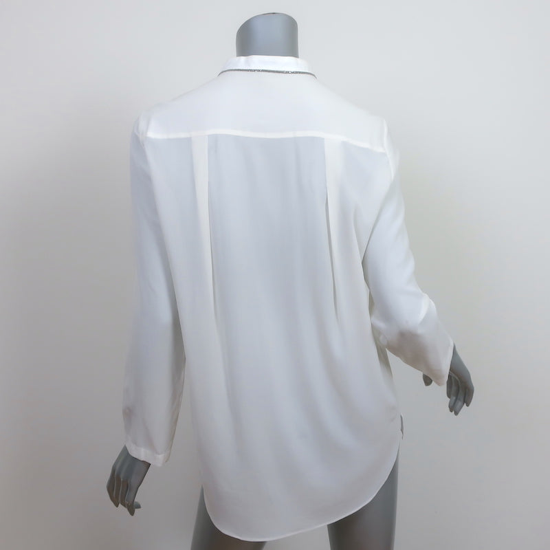 Brunello Cucinelli Monili-Trim Button Down Blouse Cream Stretch Silk Size Large