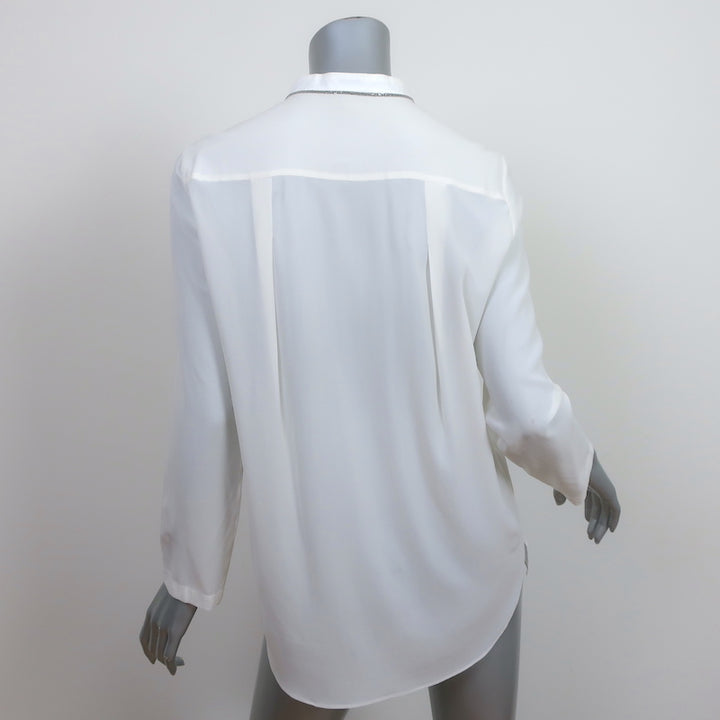 Brunello Cucinelli Monili-Trim Button Down Blouse Cream Stretch Silk Size Large