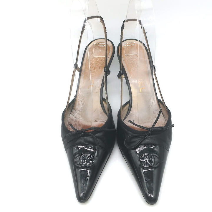 Vintage Chanel 03A CC Cap Toe Bow Slingback Pumps Black Patent &amp; Leather Size 36