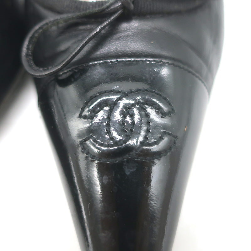 Vintage Chanel 03A CC Cap Toe Bow Slingback Pumps Black Patent &amp; Leather Size 36