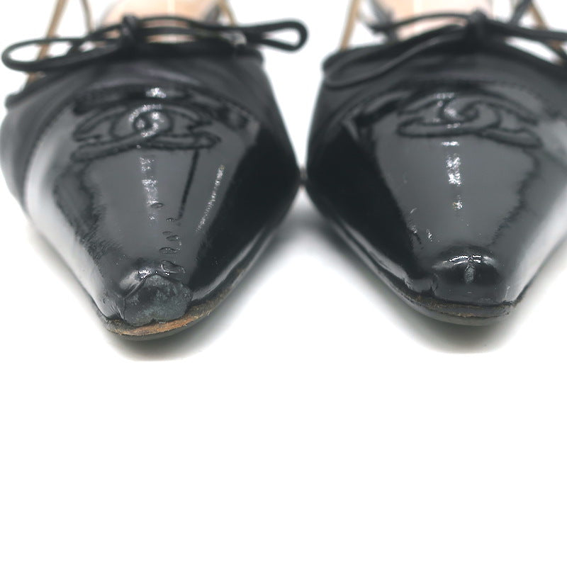 Vintage Chanel 03A CC Cap Toe Bow Slingback Pumps Black Patent &amp; Leather Size 36