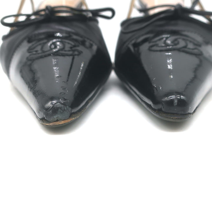 Vintage Chanel 03A CC Cap Toe Bow Slingback Pumps Black Patent &amp; Leather Size 36