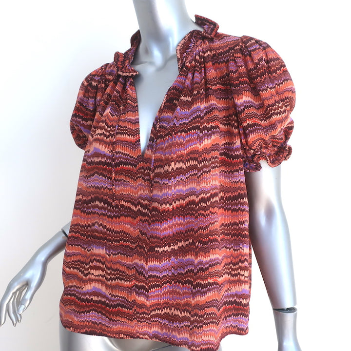 Ulla Johnson Corine Top Purple Sapphire Print Silk 0 Puff Sleeve Blouse