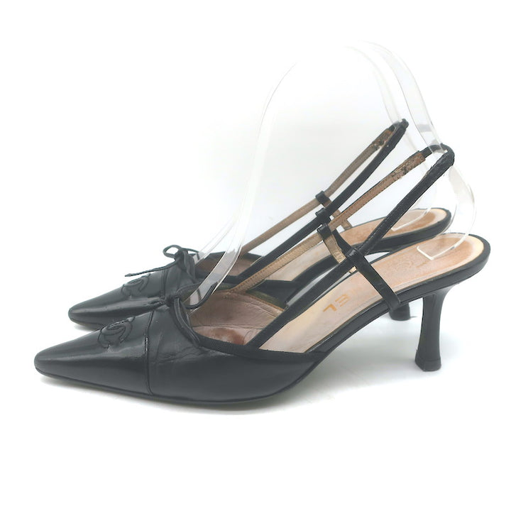 Vintage Chanel 03A CC Cap Toe Bow Slingback Pumps Black Patent &amp; Leather Size 36