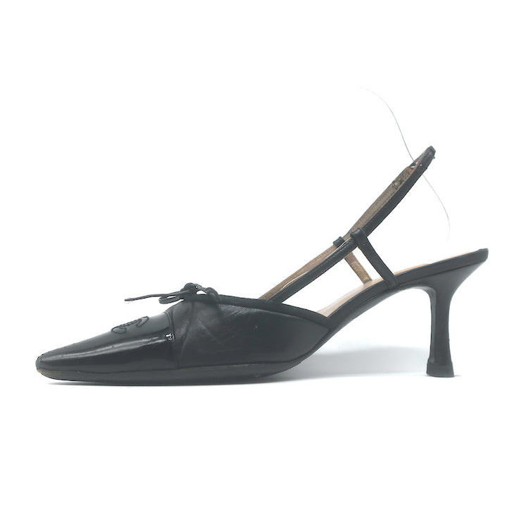 Vintage Chanel 03A CC Cap Toe Bow Slingback Pumps Black Patent &amp; Leather Size 36