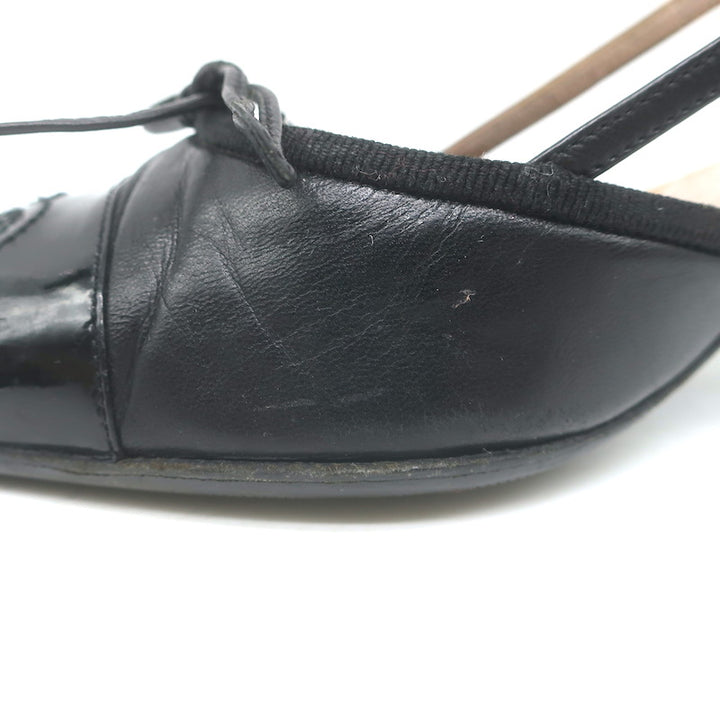 Vintage Chanel 03A CC Cap Toe Bow Slingback Pumps Black Patent &amp; Leather Size 36