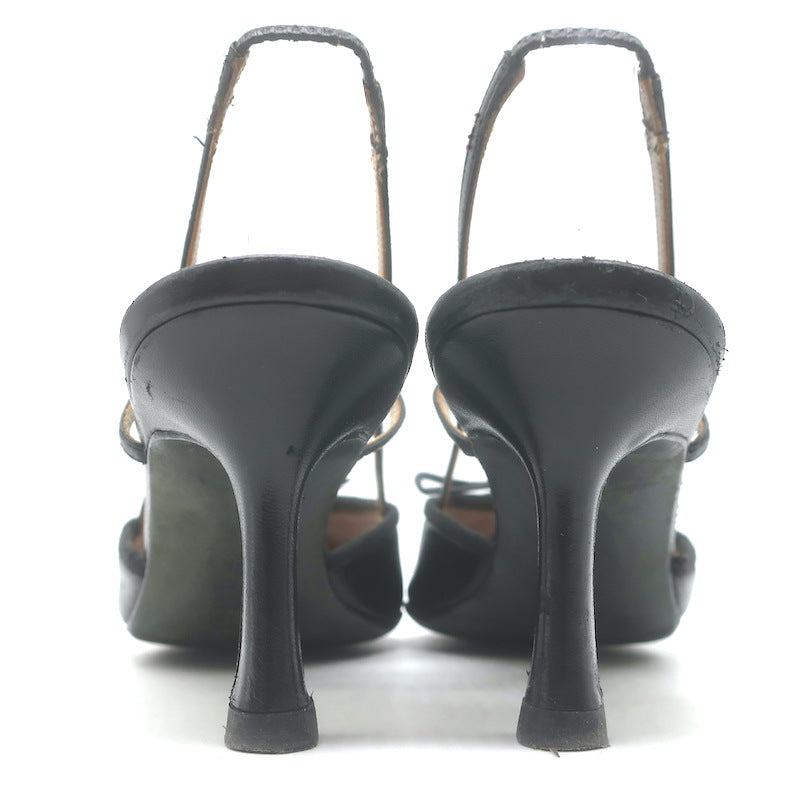 Vintage Chanel 03A CC Cap Toe Bow Slingback Pumps Black Patent &amp; Leather Size 36