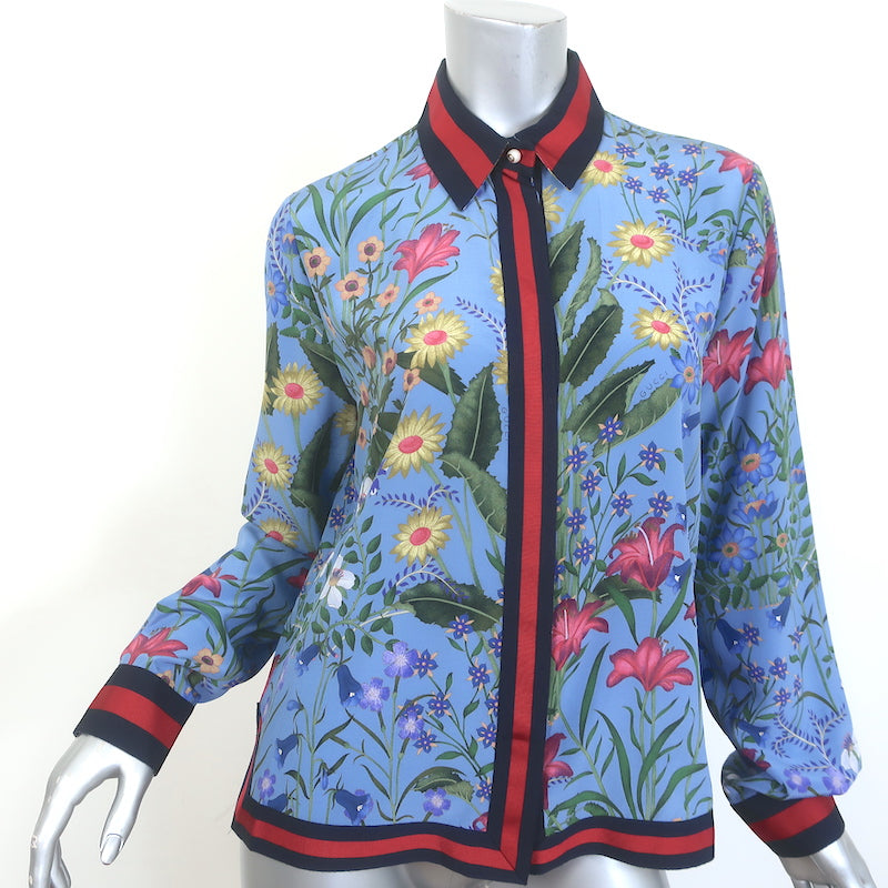Gucci Flora Print Silk Shirt Blue Size 42 Long Sleeve Blouse Celebrity Owned Gucci Flora Print Silk Shirt Blue Size 42 Long Sleeve Blouse Celebrity Owned