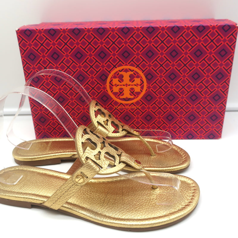 Tory Burch Miller Thong Sandals Gold Metallic Leather Size 8 Flat Slides