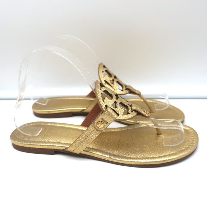 Tory Burch Miller Thong Sandals Gold Metallic Leather Size 8 Flat Slides