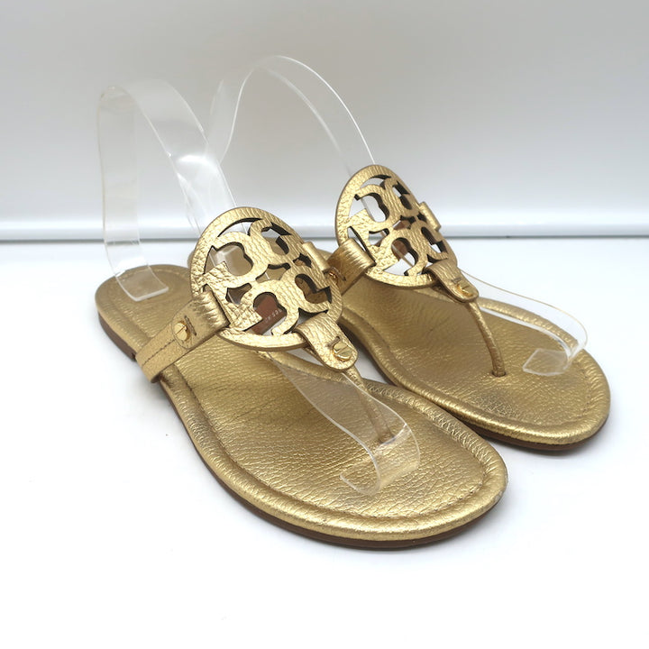 Tory Burch Miller Thong Sandals Gold Metallic Leather Size 8 Flat Slides