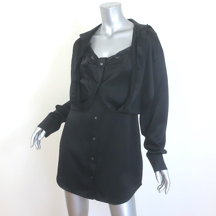 T by Alexander Wang Layered Mini Shirt Dress Black Silk Charmeuse Size 4 NEW