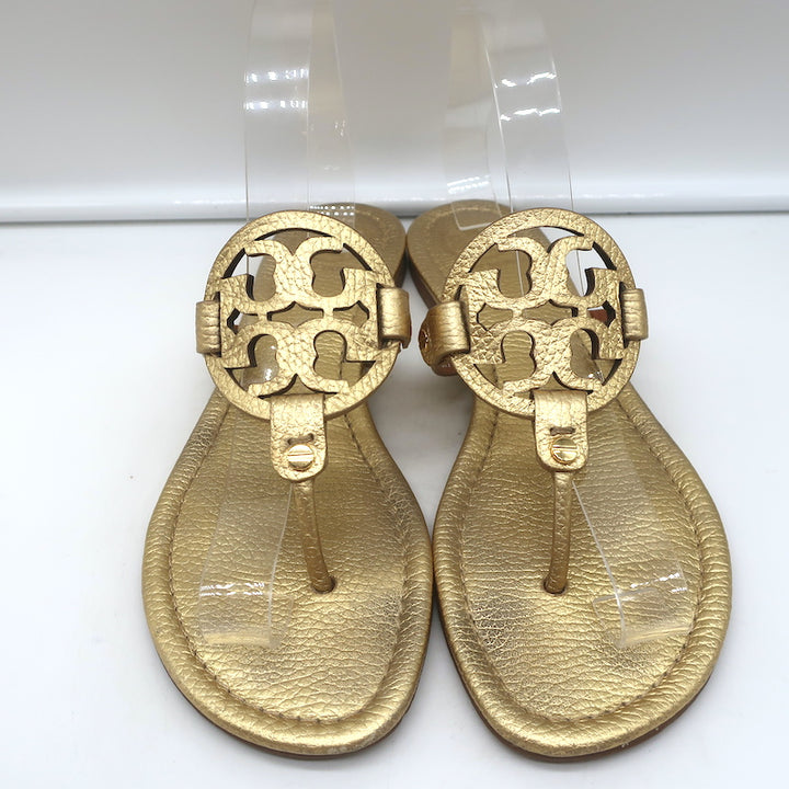 Tory Burch Miller Thong Sandals Gold Metallic Leather Size 8 Flat Slides