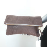 Clare V. Foldover Clutch Taupe Snake-Embossed Nubuck Leather NEW