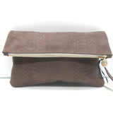 Clare V. Foldover Clutch Taupe Snake-Embossed Nubuck Leather NEW