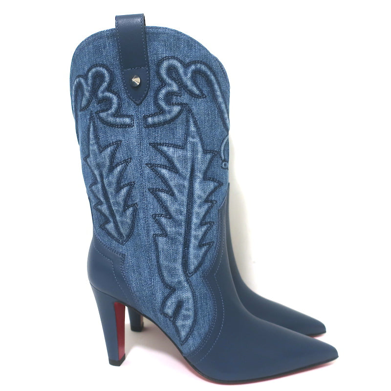 Christian Louboutin Santiabooty Western Boots Blue Denim &amp; Leather Size 36 NEW