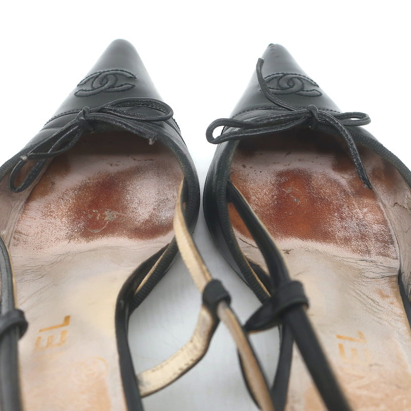 Vintage Chanel 03A CC Cap Toe Bow Slingback Pumps Black Patent &amp; Leather Size 36