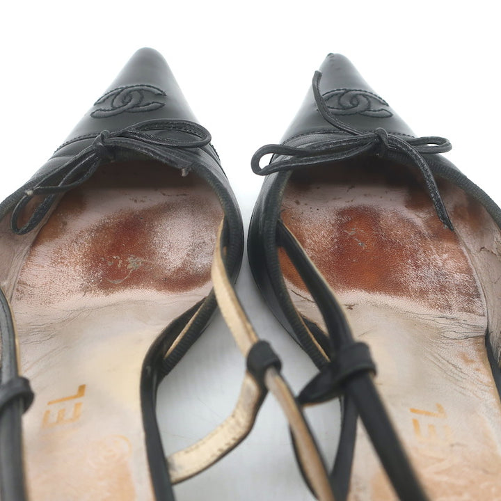 Vintage Chanel 03A CC Cap Toe Bow Slingback Pumps Black Patent &amp; Leather Size 36