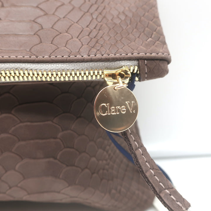 Clare V. Foldover Clutch Taupe Snake-Embossed Nubuck Leather NEW