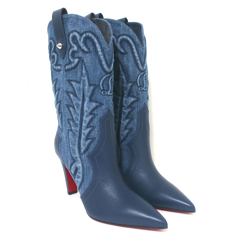 Christian Louboutin Santiabooty Western Boots Blue Denim &amp; Leather Size 36 NEW