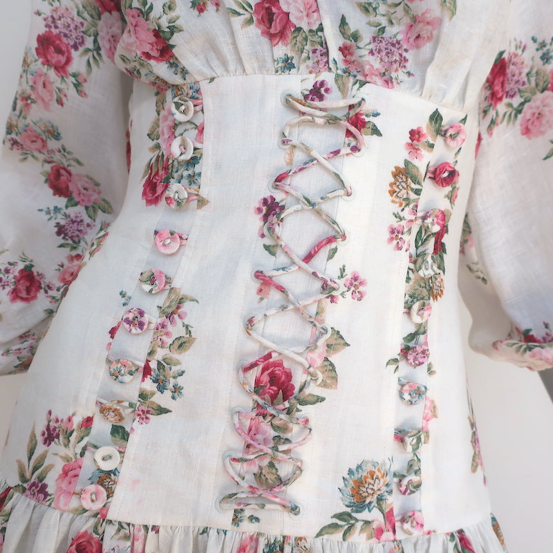 Zimmermann Honour Corset Mini Dress Cream Floral Print Linen Size 0