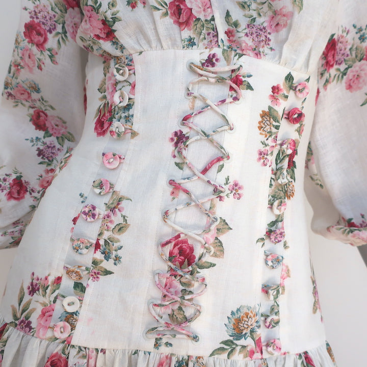 Zimmermann Honour Corset Mini Dress Cream Floral Print Linen Size 0