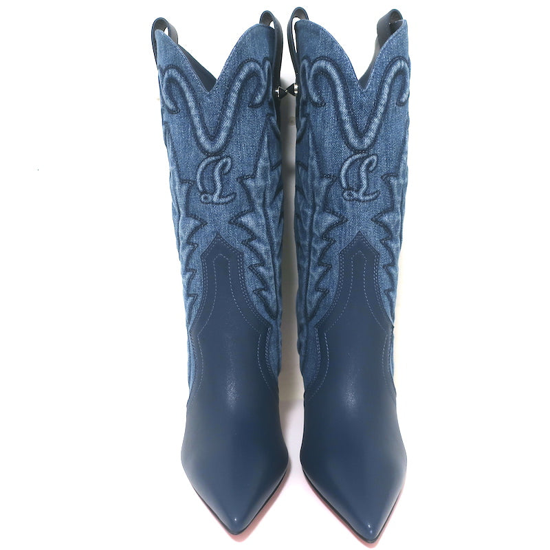 Christian Louboutin Santiabooty Western Boots Blue Denim &amp; Leather Size 36 NEW