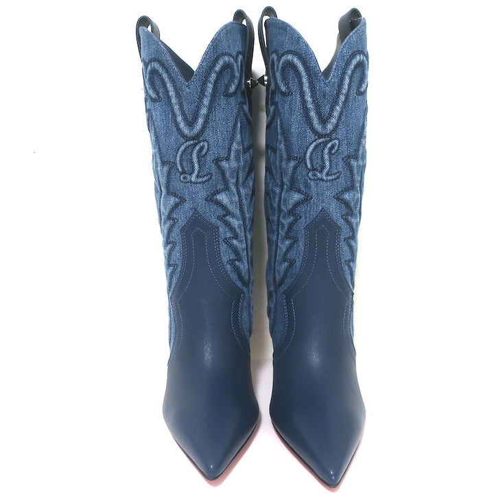 Christian Louboutin Santiabooty Western Boots Blue Denim &amp; Leather Size 36 NEW