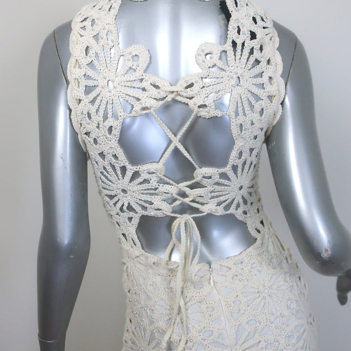 Maje Rozimina Pearl-Beaded Guipure Lace Maxi Dress Ecru Cotton Size 36 NEW