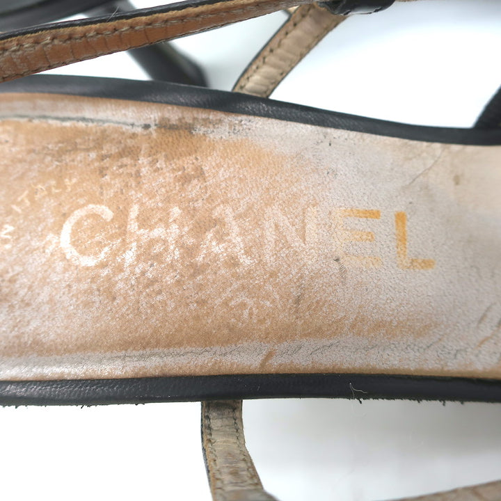 Vintage Chanel 03A CC Cap Toe Bow Slingback Pumps Black Patent &amp; Leather Size 36