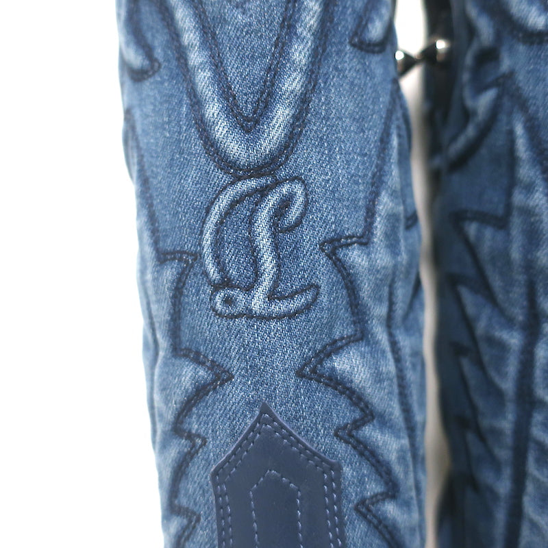 Christian Louboutin Santiabooty Western Boots Blue Denim &amp; Leather Size 36 NEW
