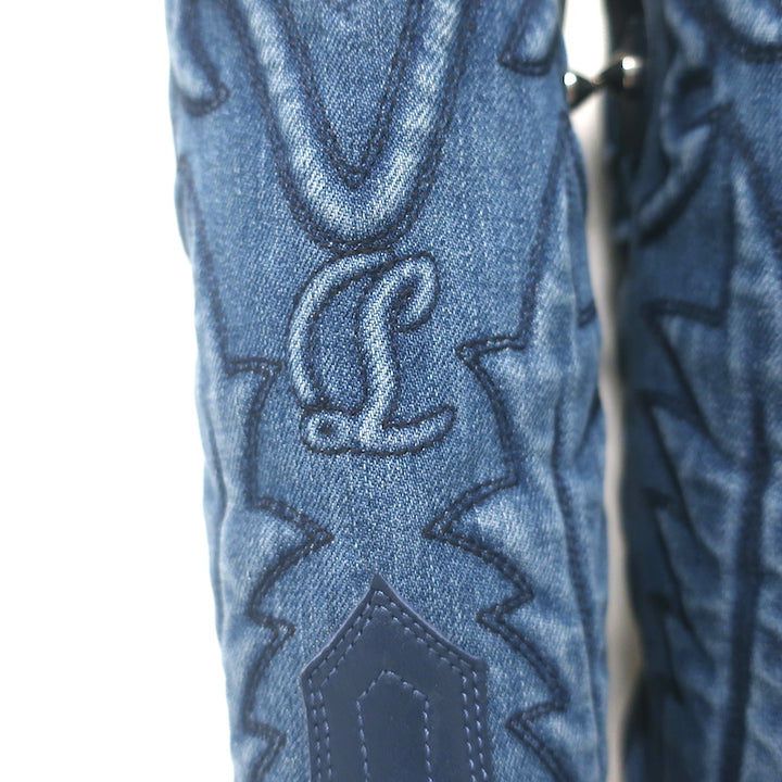 Christian Louboutin Santiabooty Western Boots Blue Denim &amp; Leather Size 36 NEW
