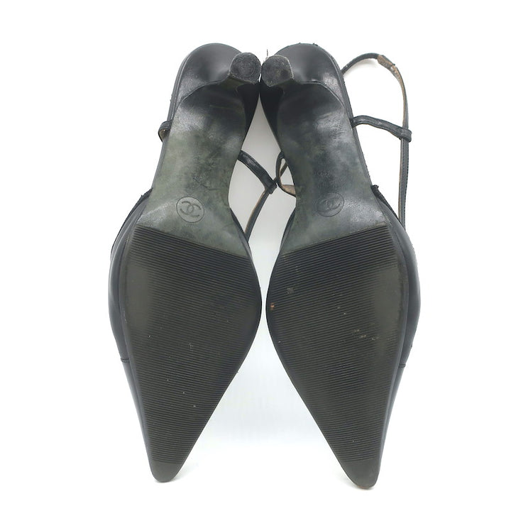 Vintage Chanel 03A CC Cap Toe Bow Slingback Pumps Black Patent &amp; Leather Size 36
