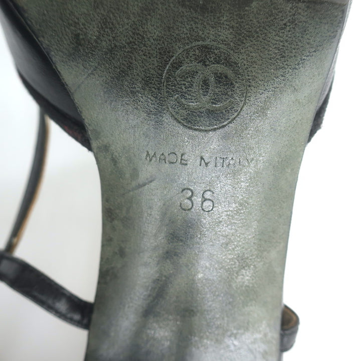 Vintage Chanel 03A CC Cap Toe Bow Slingback Pumps Black Patent &amp; Leather Size 36