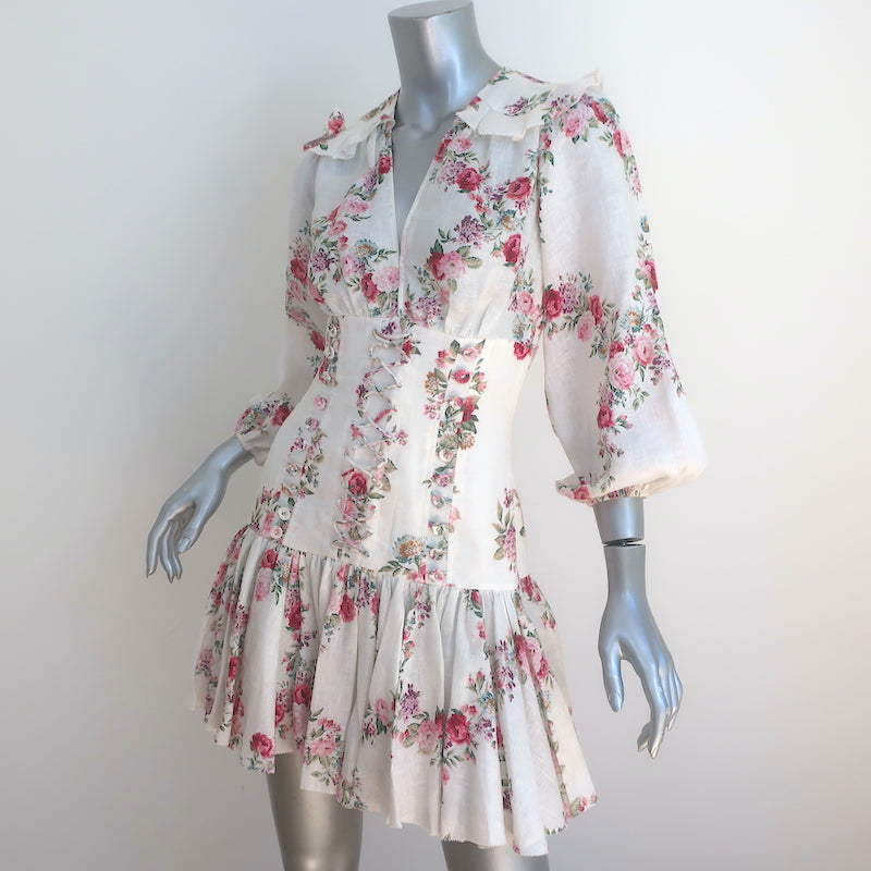 Zimmermann Honour Corset Mini Dress Cream Floral Print Linen Size 0