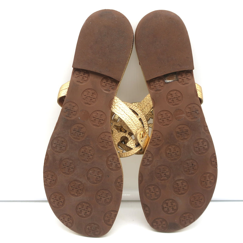Tory Burch Miller Thong Sandals Gold Metallic Leather Size 8 Flat Slides