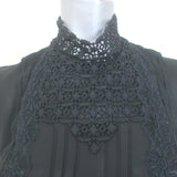 Giambattista Valli Crochet Lace-Trim Blouse Black Silk Size 42 Long Sleeve Top