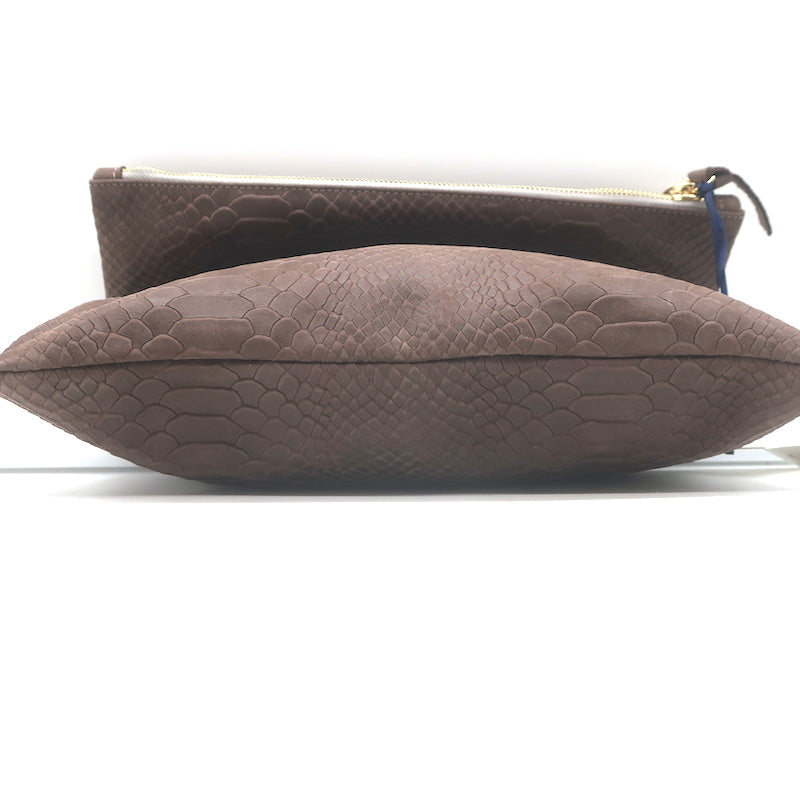 Clare V. Foldover Clutch Taupe Snake-Embossed Nubuck Leather NEW