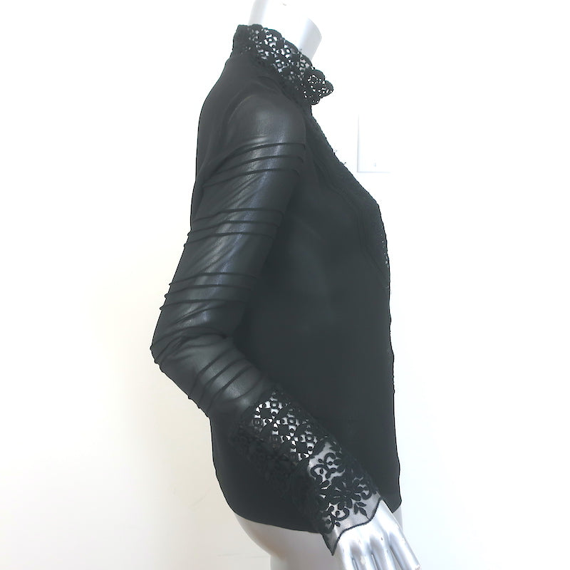 Giambattista Valli Crochet Lace-Trim Blouse Black Silk Size 42 Long Sleeve Top