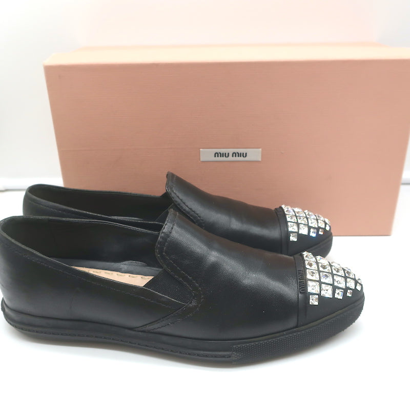 Miu Miu Crystal Cap Toe Slip-On Sneakers Black Leather Size
