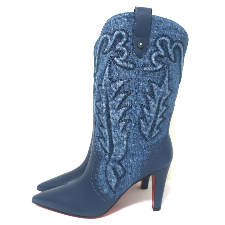 Christian Louboutin Santiabooty Western Boots Blue Denim &amp; Leather Size 36 NEW