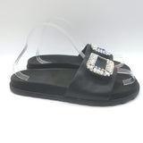 Roger Vivier Crystal-Embellished Flat Slide Sandals Black Leather Size 39