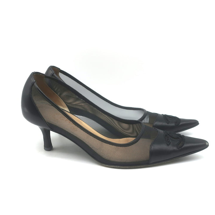 Vintage Chanel CC-Embroidered Cap Toe Pumps Black Mesh &amp; Leather Size 36