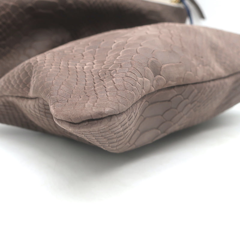 Clare V. Foldover Clutch Taupe Snake-Embossed Nubuck Leather NEW