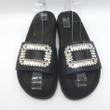 Roger Vivier Crystal-Embellished Flat Slide Sandals Black Leather Size 39