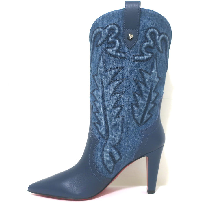Christian Louboutin Santiabooty Western Boots Blue Denim &amp; Leather Size 36 NEW